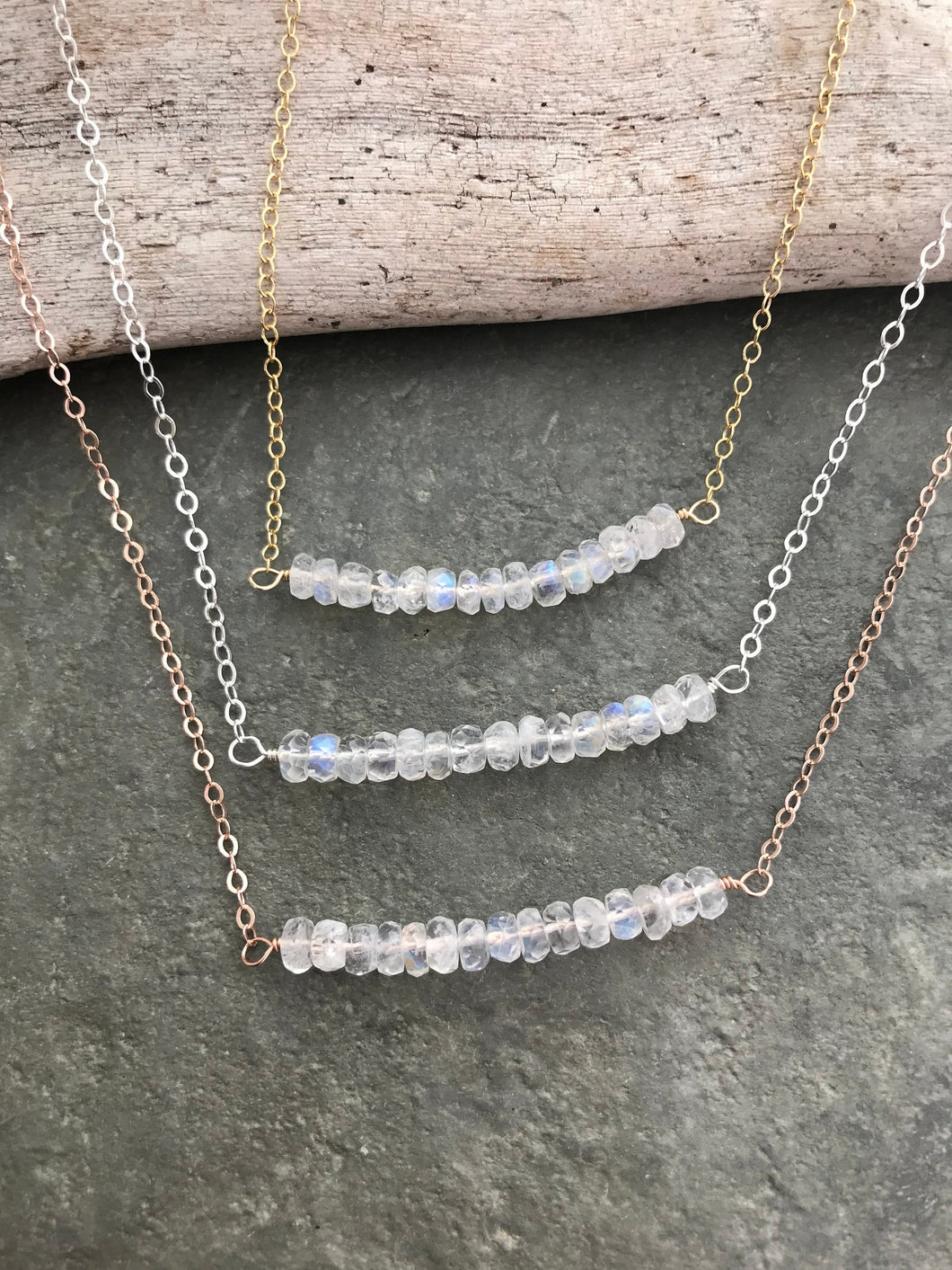 Glowing Rainbow Moonstone Layering necklace - 14k rose gold filled, sterling silver or 14k gold fill necklace -  gemstone bar necklace
