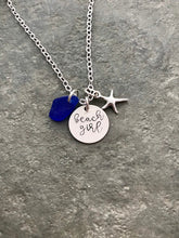 Load image into Gallery viewer, Sterling silver beach girl necklace, genuine sea glass cobalt blue and sterling silver starfish charm, hand stamped disc, Beach Jewelry
