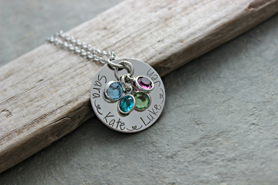 Personalized name necklace, silver tone stainless steel, Birthstone crystals -  Gift linked hearts - gift for mom Christmas Gift