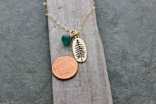 Load image into Gallery viewer, Pine Tree Charm necklace with Green Chrysophrase Gemstone - Gold filled cable chain - Wire wrapped Briolette - Outdoors Jewelry - Autumn
