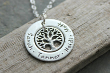 Load image into Gallery viewer, Sterling Silver Family Tree Name Necklace - Hand Stamped Sterling Silver Washer with Tree Charm - Personalized Gift for her
