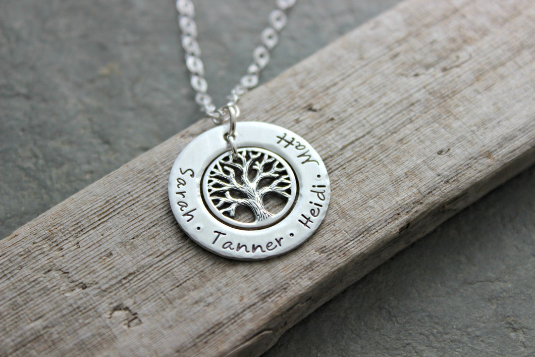 Sterling Silver Family Tree Name Necklace - Hand Stamped Sterling Silver Washer with Tree Charm - Personalized Gift for her