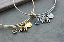 Load image into Gallery viewer, Elephant Charm bracelet - personalized with initial and  Swarovski crystal birthstone gold or stainless steel adjustable wire bracelet
