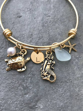 Load image into Gallery viewer, Personalized Beach Bracelet gold or silver stainless steel - sea glass, pearl, initial, mermaid charm, sea turtle &amp; starfish - gift for her
