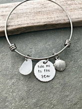 Load image into Gallery viewer, take me to the sea - stainless steel adjustable beach bangle bracelet, silver beach charm of choice - genuine sea glass gift for beach lover
