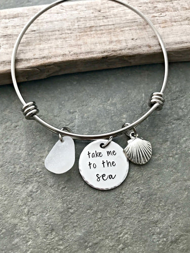 take me to the sea - stainless steel adjustable beach bangle bracelet, silver beach charm of choice - genuine sea glass gift for beach lover