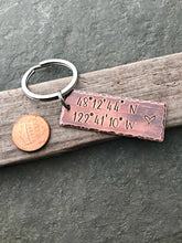 Load image into Gallery viewer, GPS Coordinates Keychain - Rustic Copper Keyring -  Gift for husband or boyfriend - custom special location - Place you met - home
