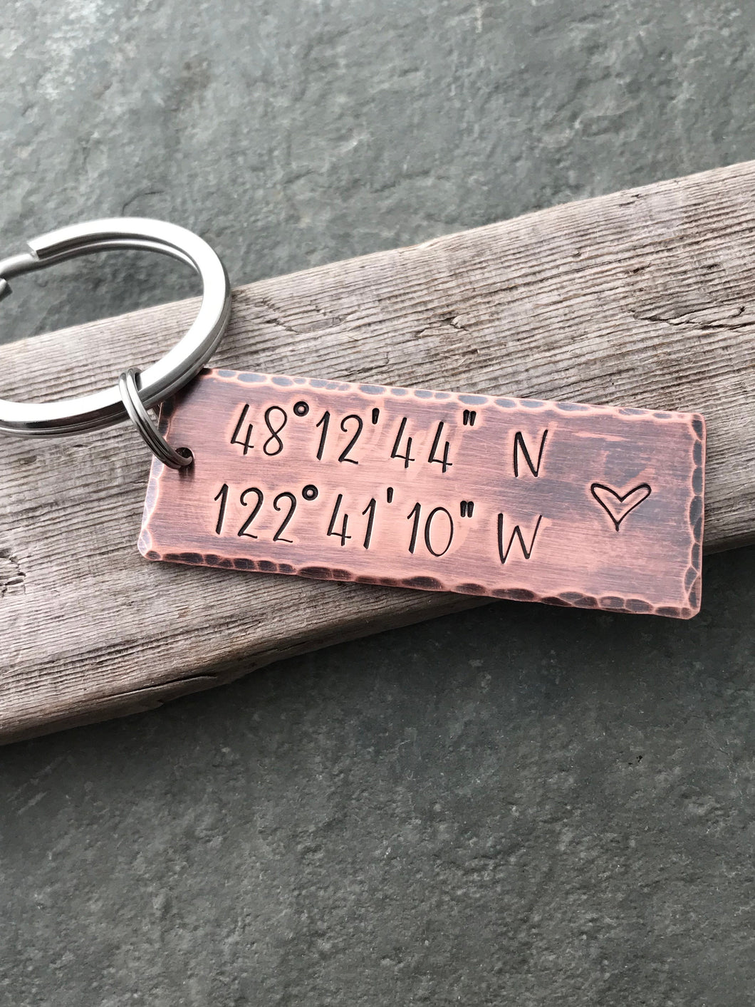 GPS Coordinates Keychain - Rustic Copper Keyring -  Gift for husband or boyfriend - custom special location - Place you met - home