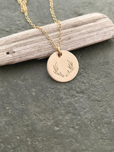 Load image into Gallery viewer, Deer Antler Necklace, 14k Gold filled Disc with deer antler design  Hand Stamped, Outdoor girl jewelry, Hunter necklace
