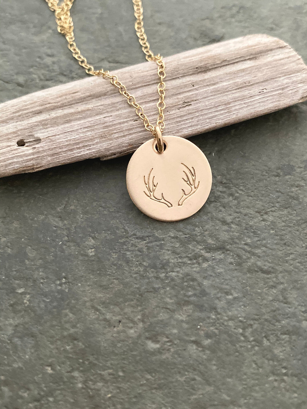 Deer Antler Necklace, 14k Gold filled Disc with deer antler design  Hand Stamped, Outdoor girl jewelry, Hunter necklace