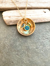 Load image into Gallery viewer, Peronalized Name necklace - Bronze cupped disc with Swarovski crystal birthstones and 14k gold filled chain - Family necklace Christmas
