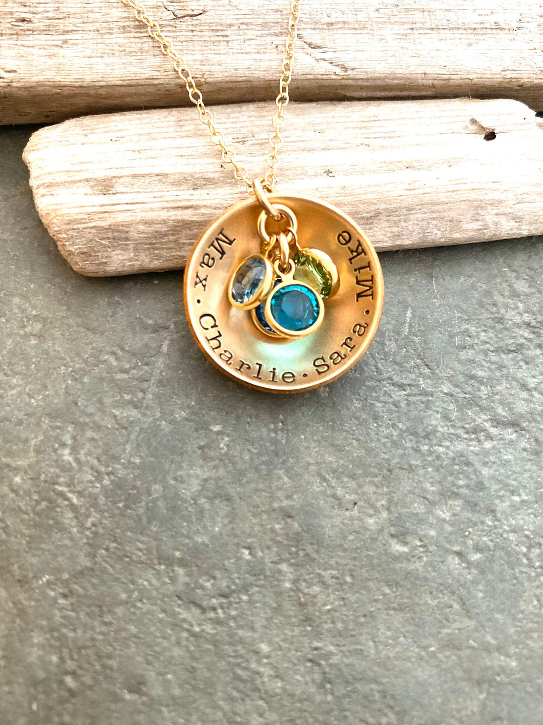 Peronalized Name necklace - Bronze cupped disc with Swarovski crystal birthstones and 14k gold filled chain - Family necklace Christmas