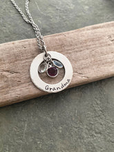 Load image into Gallery viewer, Grandma Necklace - Pewter Hand Stamped Silver tone Washer - Stainless steel chain - Swarovski crystal Birthstones Grandchildren, Grandmother
