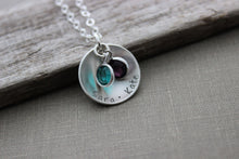 Load image into Gallery viewer, Sterling Silver Childrens Names Necklace Mommy Jewelry, Swarovski Crystal birthstone Cupped Disc - Two names &amp; two Birthstones Personalized
