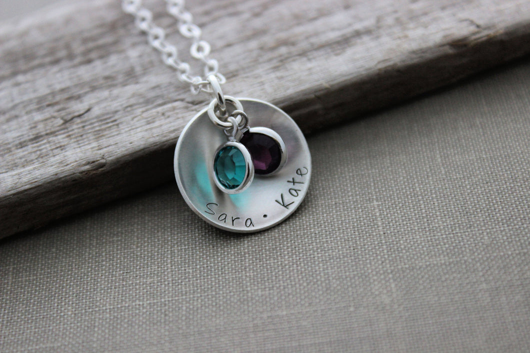 Sterling Silver Childrens Names Necklace Mommy Jewelry, Swarovski Crystal birthstone Cupped Disc - Two names & two Birthstones Personalized