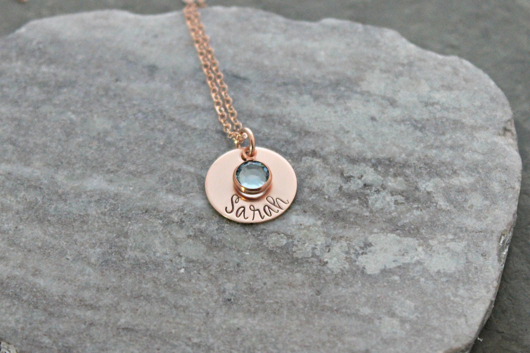 Personalized Name Charm Necklace 14k Rose Gold filled Disc with Name and Swarovski Crystal Birthstone - Christmas gift for her