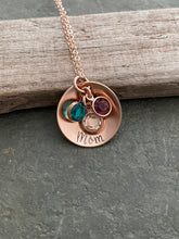 Load image into Gallery viewer, 14k Rose gold filled cupped disc necklace with Swarovski Crystal Birthstone Charms - Christmas gift for mom -  Personalized name Gift
