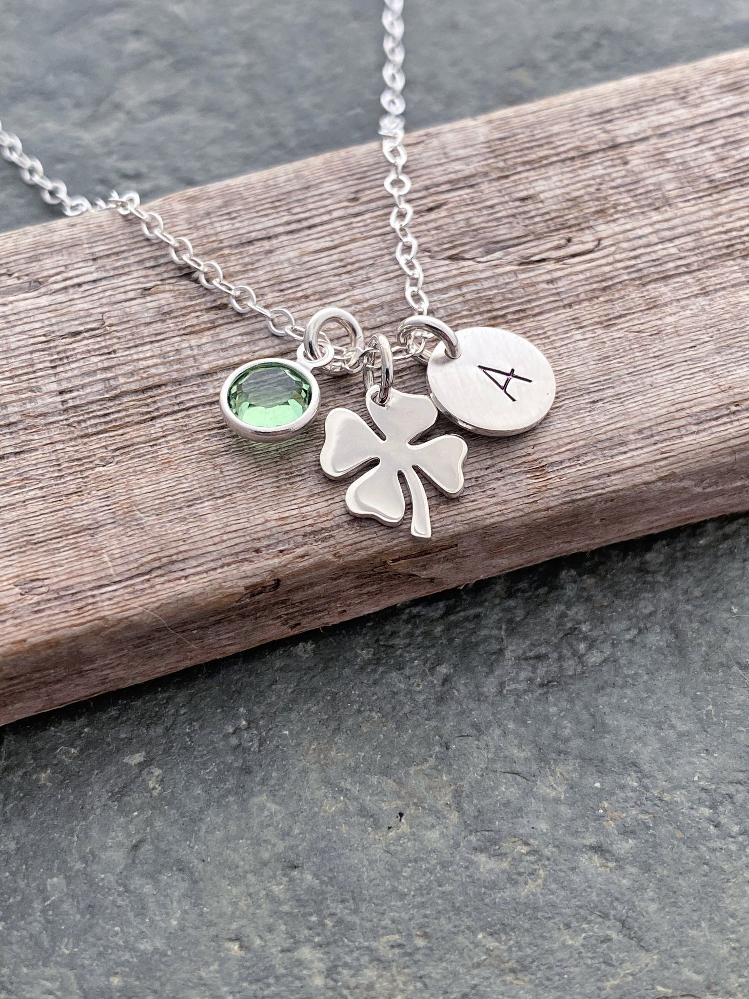 Sterling silver or bronze Four leaf clover charm necklace, Personalize –  Beach Cove Jewelry