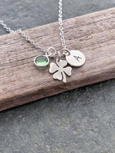 Sterling silver or bronze Four leaf clover charm necklace, Personalized initial disc, Swarovski crystal birthstone - Birthday gift for her
