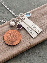 Load image into Gallery viewer, Sterling Silver 2 name bar Necklace with Swarovski crystal birthstones and heart, Rectangle Charm,  Personalized, Nameplate, Mommy Jewelry
