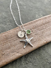 Load image into Gallery viewer, Starfish necklace - Sterling Silver - Birthstone necklace - Swarovski Crystal - Personalized Initial Disc - Birthday gift for beach lover
