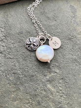Load image into Gallery viewer, Personalized Charm Necklace with Sterling Silver Sand Dollar White Coin Pearl and Initial Charm Made to Order Wedding Bridesmaid Gift

