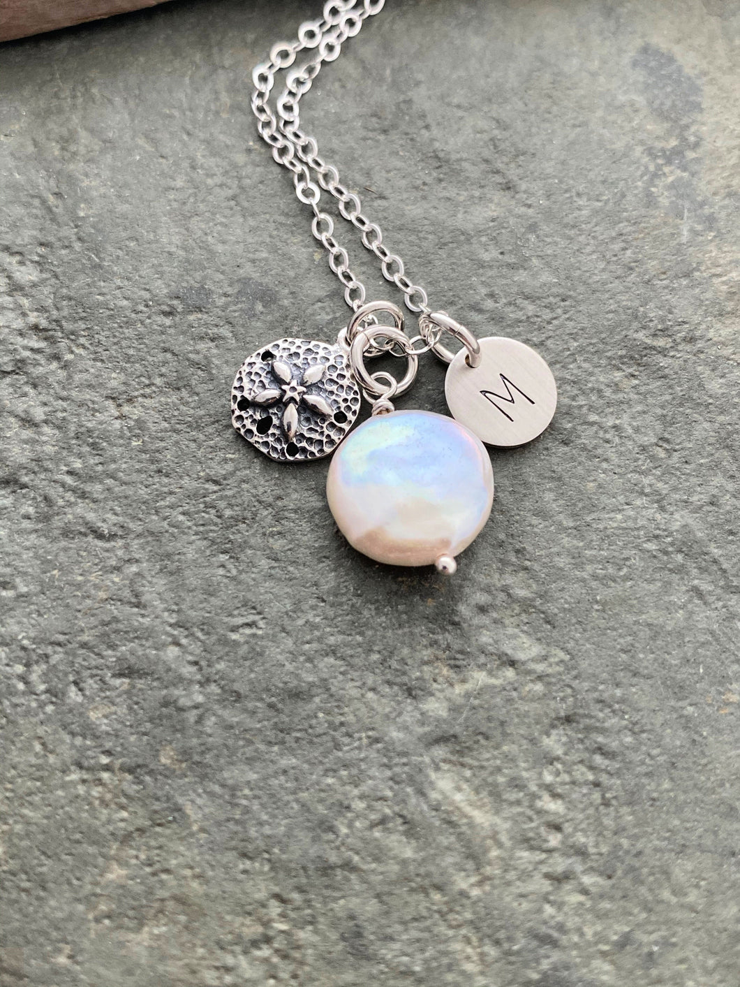Personalized Charm Necklace with Sterling Silver Sand Dollar White Coin Pearl and Initial Charm Made to Order Wedding Bridesmaid Gift
