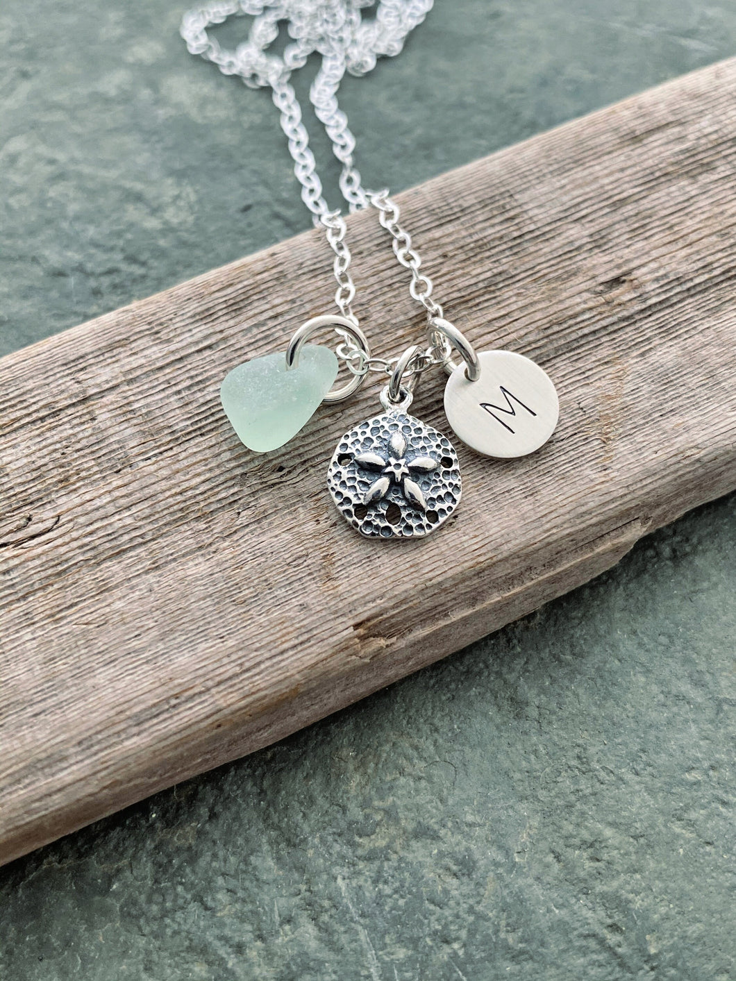 Sterling Silver Sand Dollar Charm necklace with genuine Sea Glass and Initial Charm - Personalized - Custom - Gift for beach lover