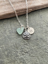 Load image into Gallery viewer, Sterling Silver Sand Dollar Charm necklace with genuine Sea Glass and Initial Charm - Personalized - Custom - Gift for beach lover
