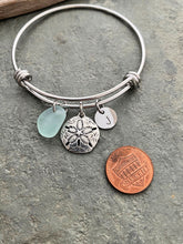 Load image into Gallery viewer, sand dollar charm bracelet, stainless steel adjustable bangle with genuine sea glass, and hand stamped initial disc Beach glass jewelry
