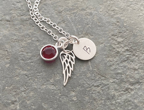 Sterling silver angel wing necklace with Swarovski Crystal Birthstone, Sterling silver Initial disc, Memorial necklace, Loss Necklace