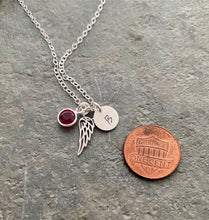 Load image into Gallery viewer, Sterling silver angel wing necklace with Swarovski Crystal Birthstone, Sterling silver Initial disc, Memorial necklace, Loss Necklace
