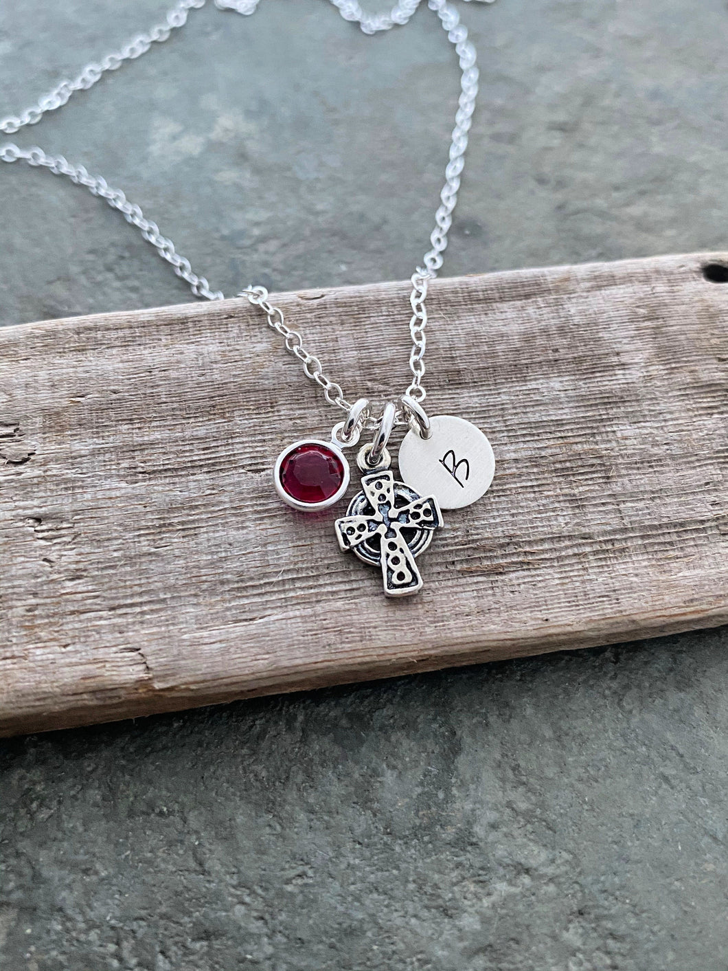 Sterling silver celtic cross Necklace with personalized Initial Charm disk and Swarovski crystal birthstone, Irish necklace, Birthday gift