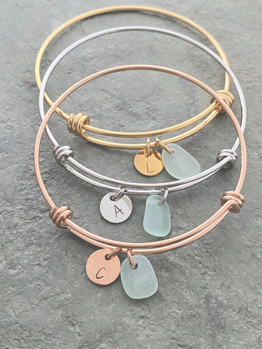 stainless steel initial sea glass bracelet - adjustable beach bangle - genuine sea glass  expandable wire bangle - Gold, silver or rose gold