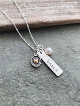 Load image into Gallery viewer, Personalized name necklace - sterling silver bar necklace with bronze gold heart charm and Swarovski crystal pearl - gift for new mom
