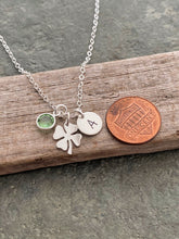 Load image into Gallery viewer, Sterling silver or bronze Four leaf clover charm necklace, Personalized initial disc, Swarovski crystal birthstone - Birthday gift for her
