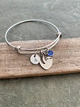 Load image into Gallery viewer, Sloth Charm bracelet - personalized with initial and  Swarovski crystal birthstone silver or gold stainless steel adjustable wire bracelet
