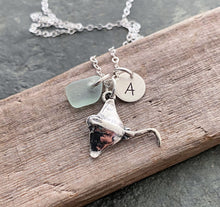 Load image into Gallery viewer, Sterling silver manta ray necklace, Genuine sea glass in choice of color, and personalized initial charm, stingray necklace, beach jewelry

