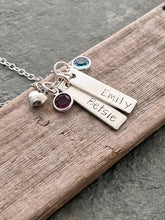 Load image into Gallery viewer, Sterling Silver 2 name bar Necklace with Swarovski crystal birthstones and heart, Rectangle Charm,  Personalized, Nameplate, Mommy Jewelry
