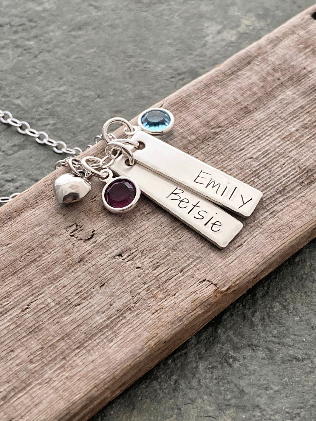 Sterling Silver 2 name bar Necklace with Swarovski crystal birthstones and heart, Rectangle Charm,  Personalized, Nameplate, Mommy Jewelry