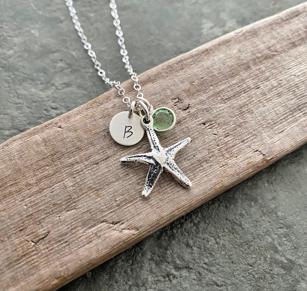 Starfish necklace - Sterling Silver - Birthstone necklace - Swarovski Crystal - Personalized Initial Disc - Birthday gift for beach lover