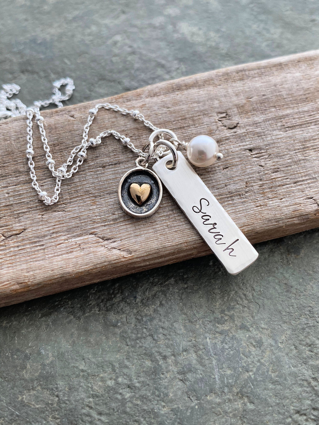 Personalized name necklace - sterling silver bar necklace with bronze gold heart charm and Swarovski crystal pearl - gift for new mom