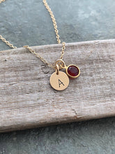 Load image into Gallery viewer, Initial Jewelry 14k Gold Filled Personalized Initial Necklace, Simple Monogram, Single Charm Rustic with Birthstone, Gift for Birthday
