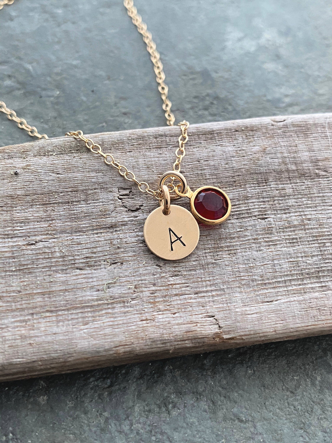 Initial Jewelry 14k Gold Filled Personalized Initial Necklace, Simple Monogram, Single Charm Rustic with Birthstone, Gift for Birthday