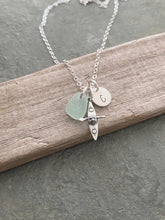Load image into Gallery viewer, Sterling Silver Kayak Charm Necklace - Genuine Sea Glass - Personalized Initial Disc - Paddler, Watersports, Hawaii Outdoors - gift for her
