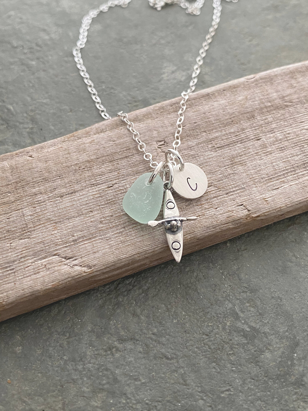 Sterling Silver Kayak Charm Necklace - Genuine Sea Glass - Personalized Initial Disc - Paddler, Watersports, Hawaii Outdoors - gift for her