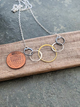Load image into Gallery viewer, Mixed metal Geometric linked 5 circles necklace - circle of life necklace - gift for her - gold bronze and sterling silver - simple modern
