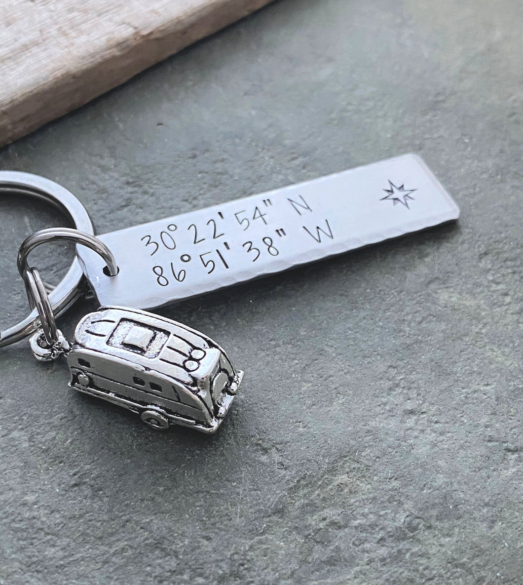 Camping GPS coordinates keychain - Silver Aluminum Hand Stamped  Bar Key Chain - Camper Trailer charm - Favorite vacation spot Lat & long