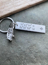 Load image into Gallery viewer, Camping GPS coordinates keychain - Silver Aluminum Hand Stamped  Bar Key Chain - Camper Trailer charm - Favorite vacation spot Lat &amp; long
