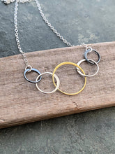 Load image into Gallery viewer, Mixed metal Geometric linked 5 circles necklace - circle of life necklace - gift for her - gold bronze and sterling silver - simple modern
